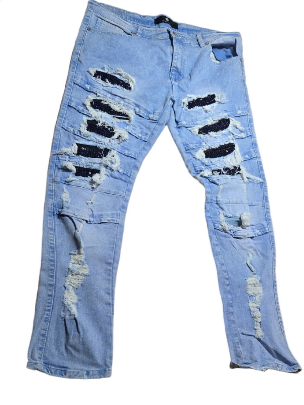 Light Blue Skinny Jeans Men's 38x32 Black Sequin Underlay